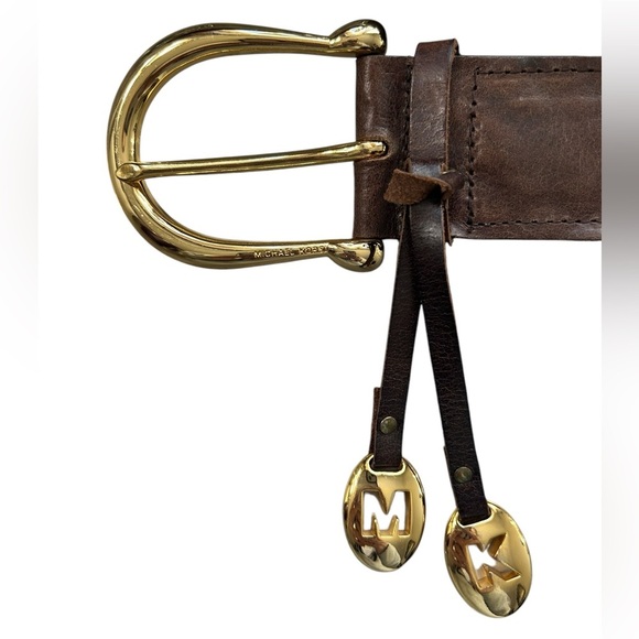 Michael Kors Brown Woven Leather Belt Size Medium Gold Colored Hardware Boho - Picture 2 of 4